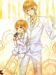 :&gt; bad_id bad_pixiv_id blonde_hair child dual_persona formal headset kise_ryouta kuroko_no_basuke male_focus microphone multiple_boys necktie rio_(keii16) shorts smile suit time_paradox yellow_eyes younger 