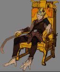  55555ive 5_fingers 5_toes anthro armor barefoot beard belt book_cover chair clothed clothing colored_sketch crown facial_hair hat invalid_color leather leather_armor long_tail male mammal monkey multiple_hands par_(55555ive) prehensile_feet primate simple_background sitting solo throne toes 
