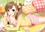  :3 bad_id bad_pixiv_id bow breasts brown_eyes brown_hair cleavage digital_media_player earbuds earphones food frills futami_mami glass hair_bow hair_ornament idolmaster idolmaster_(classic) looking_at_viewer lying medium_breasts mouth_hold on_stomach pillow pocky polka_dot ponytail pu_uq solo stuffed_toy underwear 