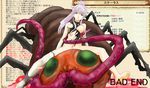  blood breasts broken empty_eyes end ending giant green_eyes impaled insect monster nude pointy_ears purple_hair source_request taka_(pixiv33768) tentacle text 