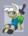  atryl backpack blue_eyes clothing equine female feral finn_the_human friendship_is_magic horse male mammal my_little_pony ponification pony smile solo sword weapon 