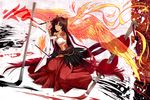  :d animal animal_ears bird brush cat_ears dress fiery_wings fire flame hakama highres japanese_clothes kanna_(plum) long_hair open_mouth phoenix pixiv_genealogy_of_life red_dress red_hair red_hakama sitting smile very_long_hair wariza wings yellow_eyes 