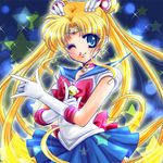  back_bow bishoujo_senshi_sailor_moon blonde_hair blue_background blue_sailor_collar blue_skirt bow brooch choker double_bun elbow_gloves gloves hair_ornament hairpin jewelry long_hair lowres magical_girl one_eye_closed red_bow red_choker ribbon sailor_collar sailor_moon sailor_senshi_uniform shirataki_kaiseki skirt smile solo star starry_background tsuki_ni_kawatte_oshioki_yo tsukino_usagi twintails white_gloves 