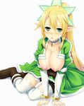  blonde_hair blush breasts cleavage collarbone elf green_eyes highres large_breasts leafa long_hair nipples outline pointy_ears ponytail sitting smile solo sorano_(12gou) sword_art_online thighhighs white_legwear 