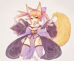  animal_ears bad_id bad_pixiv_id blue_legwear bow breasts cleavage detached_sleeves fate/extra fate_(series) fox_ears fox_tail hair_bow hair_ribbon large_breasts one_eye_closed pink_hair ribbon solo tail tamamo_(fate)_(all) tamamo_no_mae_(fate) thighhighs tippet twintails yellow_eyes 