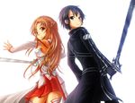  1girl asuna_(sao) back-to-back black_eyes black_hair breastplate brown_eyes brown_hair freeze-ex kirito long_hair short_hair sword sword_art_online thighhighs weapon 