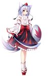  absurd_res animal_ears blush detached_sleeves female geta hair hat hi_res inubashiri_momiji legwear momiji_inubashiri mushroom mushroom_(artist) plain_background red_eyes shield short_hair silver_hair solo standing sword tokin_hat touhou weapon white_background white_legwear 