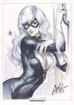  black_cat_(marvel) bodysuit breasts bug choker cityscape cleavage curvy elbow_gloves felicia_hardy gloves large_breasts lips long_hair marker_(medium) marvel mask signature solo spider stanley_lau traditional_media white_hair 