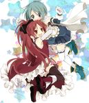  armpits arms_up blue_eyes blue_hair blush boots bow cape collaboration detached_sleeves dress fang hair_bow hair_ornament hairclip highres hug long_hair magical_girl mahou_shoujo_madoka_magica mekeko miki_sayaka multiple_girls open_mouth red_eyes red_hair sakura_kyouko shirt short_hair skirt smile thighhighs zettai_ryouiki 