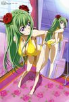  absurdres adjusting_clothes adjusting_swimsuit ass back bangs barefoot bed bikini breasts ceiling cleavage curtains falsetto_ver._1.0 feet floral_print flower foreshortening green_hair hair_flower hair_ornament highres ichikawa_yoshiyuki indoors kawamura_toshie kneepits large_breasts leaning_forward legs lights long_hair megami mirror non-web_source official_art purple_eyes reflection rose rug shadow sideboob sidelocks solo standing star_plus_one swimsuit tile_ceiling tiles transparent very_long_hair window 