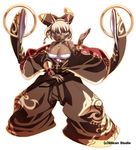  animal_ears arm_up bare_shoulders blonde_hair blue_eyes bow breasts cleavage dark_skin detached_sleeves fighting_stance gyakushuu_no_fantasica hair_bow hair_ribbon hairband jewelry large_breasts pant_leg_past_ankles pants ribbon ring short_hair solo tasaka_shinnosuke wide_sleeves 