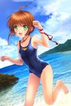  :d beach bell card_captor_sakura clamp green_eyes highres kinomoto_sakura moonknives mutsuki_(moonknives) ocean open_mouth school_swimsuit smile swimsuit swimsuits 