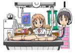  2girls :p :q a01-isumi1013 android black_eyes black_hair blonde_hair blue_eyes child detachable_head dr._slump food labcoat long_hair multiple_girls nichijou nude on_table parody poster_(object) professor_shinonome pudding refrigerator robot roll_cake shinonome_nano short_hair smile style_parody sweatdrop swiss_roll table tongue tongue_out wall_scroll winding_key 