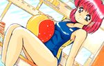  1girl ayumi-chan_monogatari ayumi_(ayumi-chan_monogatari) ball beachball looking_at_viewer lowres oldschool one-piece_swimsuit pool red_hair school_swimsuit short_hair sitting swimsuit 