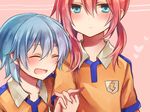  blue_eyes blue_hair blush closed_eyes heart inazuma_eleven_(series) inazuma_eleven_go kariya_masaki kirino_ranmaru male_focus multiple_boys open_mouth pink_hair raimon raimon_soccer_uniform soccer_uniform sportswear twintails yuuki_arisu_(yuigi) 