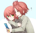  blush cellphone green_eyes inazuma_eleven inazuma_eleven_(series) kiyama_hiroto male_focus multiple_boys nagumo_haruya open_mouth phone red_hair yellow_eyes yuuki_arisu_(yuigi) 