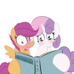  book cub equine female friendship_is_magic fur green_eyes hair horn horse kryptchild mammal my_little_pony orange_fur pegasus plain_background pony purple_eyes purple_hair scootaloo_(mlp) smile sweetie_belle_(mlp) two_tone_hair unicorn white_background white_fur wing_boner wings young 