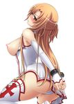  arms_behind_back ass asuna_(sao) bdsm blush bondage bound breasts brown_eyes carrot_works clenched_teeth cuffs detached_sleeves fingerless_gloves gloves handcuffs large_breasts long_hair looking_back nipples panties simple_background solo sword_art_online teeth thighhighs underwear white_background white_legwear white_panties 