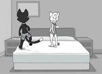  anthro bed cat clock collar couple duo feline female greyscale innuendo male mammal memory_foam monochrome tirrel 