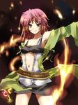  1girl armpits atmaibobmgmiho breasts cleavage collarbone duel_monster fire hiita navel red_eyes red_hair skirt smile solo staff weapon yu-gi-oh! 