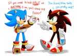  black black_fur dialog dialogue duo fur gloves green_eyes hedgehog male mammal paint red_eyes sega shadow_the_hedgehog sonic_(series) sonic_the_hedgehog text 