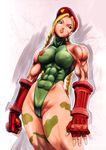  abs antenna_hair beret blonde_hair blue_eyes braid breasts cammy_white camouflage elbow_gloves fingerless_gloves gloves green_leotard hat highres large_breasts leotard lips long_hair muscle muscular_female scar shopyun solo street_fighter thong_leotard twin_braids 