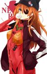  badge blue_eyes brown_hair bubble_blowing chewing_gum evangelion:_3.0_you_can_(not)_redo eyepatch hand_in_pocket hat highres jacket long_hair neon_genesis_evangelion nerv niangao plugsuit rebuild_of_evangelion shikinami_asuka_langley simple_background solo souryuu_asuka_langley track_jacket white_background 