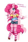  anthrofied blue_eyes clothing cute english_text equine female friendship_is_magic hair horse jinzhan long_hair looking_at_viewer mammal my_little_pony one_eye_closed open_mouth pink_hair pinkie_pie_(mlp) plain_background pony socks solo stripes text white_background 