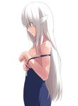  aniota_no_tsudoi bare_shoulders from_side green_eyes hair_ornament long_hair nanaku_teiru one-piece_swimsuit profile school_swimsuit silver_hair solo swimsuit swimsuit_pull wet white_background zwei_(aniota_no_tsudoi) 