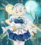  aqua_eyes braid clock izayoi_sakuya kinoto_(ruindivinity) maid maid_headdress short_hair silver_hair solo thighhighs touhou twin_braids white_legwear 