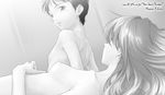  1girl after_sex arm_support breasts greyscale ikari_shinji long_hair looking_at_another looking_down lying meguro_fukuzou monochrome neon_genesis_evangelion nipples nude on_back open_mouth short_hair sideboob small_breasts souryuu_asuka_langley 