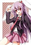 animal_ears breasts bunny_ears checkered checkered_background crescent creta_(taku10) finger_gun jacket long_hair long_sleeves looking_at_viewer medium_breasts necktie open_mouth pose purple_hair red_eyes red_neckwear reisen_udongein_inaba shirt skirt solo touhou very_long_hair 