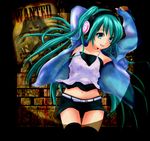  aqua_eyes armpits arms_up belt green_hair hatsune_miku headphones highres long_hair midriff navel poster_(object) shorts solo terun thigh_gap thighhighs twintails vocaloid wanted 