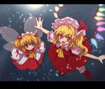  :d ascot blonde_hair blue_eyes blush claws demon_wings dress fairy fairy_wings fang flandre_scarlet flying hat letterboxed looking_at_viewer minnku multiple_girls open_mouth outstretched_arms pink_eyes see-through side_ponytail smile sunny_milk touhou twintails two_side_up vampire wings 