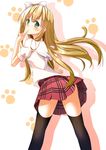  azuki_azusa black_legwear blonde_hair blush finger_to_mouth green_eyes hentai_ouji_to_warawanai_neko. highres long_hair looking_at_viewer pastel-pastel paw_print simple_background skirt smile solo thighhighs white_background 