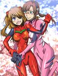  blue_eyes bodysuit brown_hair evangelion:_3.0_you_can_(not)_redo eyepatch glasses hug hug_from_behind kanou_ayumi long_hair makinami_mari_illustrious multiple_girls neon_genesis_evangelion orange_hair pink_bodysuit plugsuit rebuild_of_evangelion shikinami_asuka_langley smile souryuu_asuka_langley 