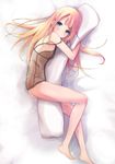  bad_id bad_pixiv_id barefoot blonde_hair blue_eyes blush body_pillow bottomless ivioss legs lingerie long_hair long_legs looking_at_viewer lying negligee on_side original pillow pillow_hug see-through solo strap_slip underwear 