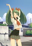  arm_up bad_id bad_pixiv_id cloud cowboy_shot day domo1220 faucet green_eyes green_hair hatsune_miku long_hair midriff nail_polish navel one_eye_closed pleated_skirt school_uniform serafuku sink skirt sky solo stretch twintails vocaloid 