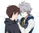  bad_id bad_pixiv_id blue_eyes blush breath brown_hair casual highres hood hoodie ikari_shinji jacket kasuga_souichi male_focus multiple_boys nagisa_kaworu neon_genesis_evangelion red_eyes shirt smile white_hair 