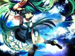  74x bad_id bad_pixiv_id blue_eyes cloud fingerless_gloves from_above gloves green_hair hatsune_miku headphones long_hair one_eye_closed skirt sky smile solo thighhighs twintails very_long_hair vocaloid 