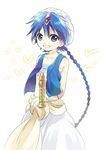  1boy aladdin_(magi) arms_behind_back blue_eyes blue_hair braid flute grin heart instrument jewelry long_hair magi_the_labyrinth_of_magic male male_focus midriff navel necklace pa_kiiro powd simple_background single_braid sitting smile solo standing turban vest white_background 