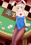  alice_margatroid animal_ears aqua_eyes bad_id bad_pixiv_id bare_shoulders blue_leotard breasts brown_legwear bunny_ears bunny_girl bunnysuit card cleavage dd139 detached_collar highres leotard lying_card medium_breasts pantyhose poker poker_chip short_hair smile solo table touhou wrist_cuffs 