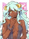  aqua_hair bare_shoulders bracelet center_opening dark_skin demon_girl demon_horns dress earrings fingernails flat_chest horns jewelry long_hair low-tied_long_hair original pointy_ears sharp_fingernails slit_pupils strapless strapless_dress tit_horse very_long_hair yellow_eyes 