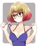  bare_shoulders black_bra black_eyes blonde_hair bra breasts cleavage collarbone glasses gradient_hair holding large_breasts md5_mismatch multicolored_hair original red_hair short_hair solo underwear upper_body wogura 