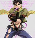  abs black_hair blue_eyes drawr ezr_(31589499) fabulous fingerless_gloves gloves green_jacket jacket jojo_no_kimyou_na_bouken joseph_joestar_(young) male_focus midriff scarf side_cutout solo 