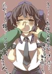  arms_behind_back blush brown_eyes brown_hair commentary dress_shirt gaoo_(frpjx283) hair_ribbon hat highres himekaidou_hatate necktie open_mouth out_of_frame ribbon shirt tears tokin_hat touhou translation_request twintails 