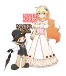  1boy 1girl alternate_costume bag bare_shoulders blonde_hair blue_eyes breasts brown_hair couple doily dress earrings elbow_gloves english facial_hair flower formal gloves hair_flower hair_ornament hat height_difference jewelry mario mario_(series) mustache necklace nintendo princess_peach riomario shoes smile suit super_mario_bros. 