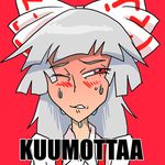  blush bow commentary finnish fujiwara_no_mokou hair_bow lowres red_eyes ribbon setz solo sweat touhou translated 