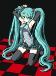  aqua_eyes aqua_hair armpits blush boots checkered checkered_floor colorized detached_sleeves ginta hatsune_miku highres kneeling long_hair navel necktie perspective skirt solo t28 thigh_boots thighhighs twintails vocaloid zettai_ryouiki 