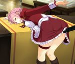  bdsm bent_over bondage boots bound breast_press breasts commentary kyokucho lisbeth looking_at_viewer outstretched_arm pink_eyes pink_hair short_hair solo sword sword_art_online tears thigh_strap weapon 